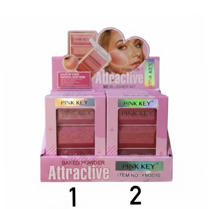 پالت رژگونه سهرنگ Attractive پینک کی کد YM3010 3 پالت رژگونه بیک شده پینک کی مدل Attractive سه رنگ