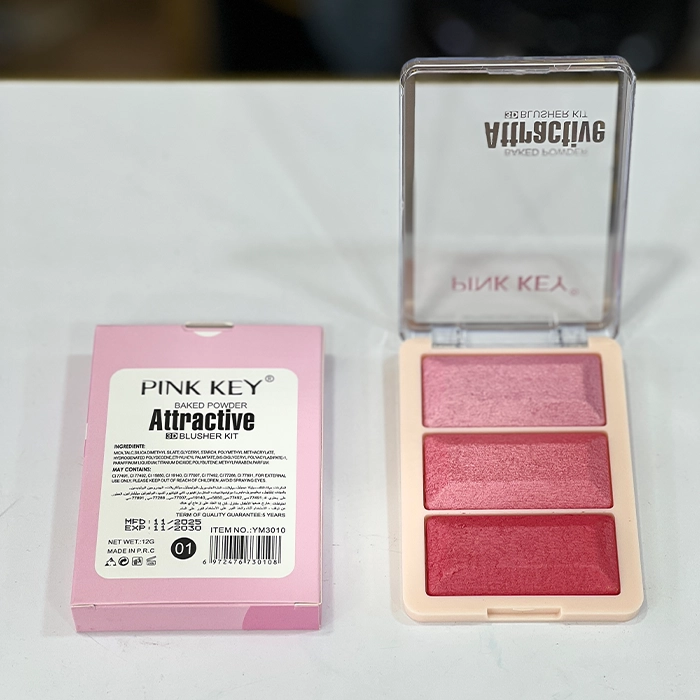 پالت رژگونه سهرنگ Attractive پینک کی کد YM3010 5 پالت رژگونه بیک شده پینک کی مدل Attractive سه رنگ
